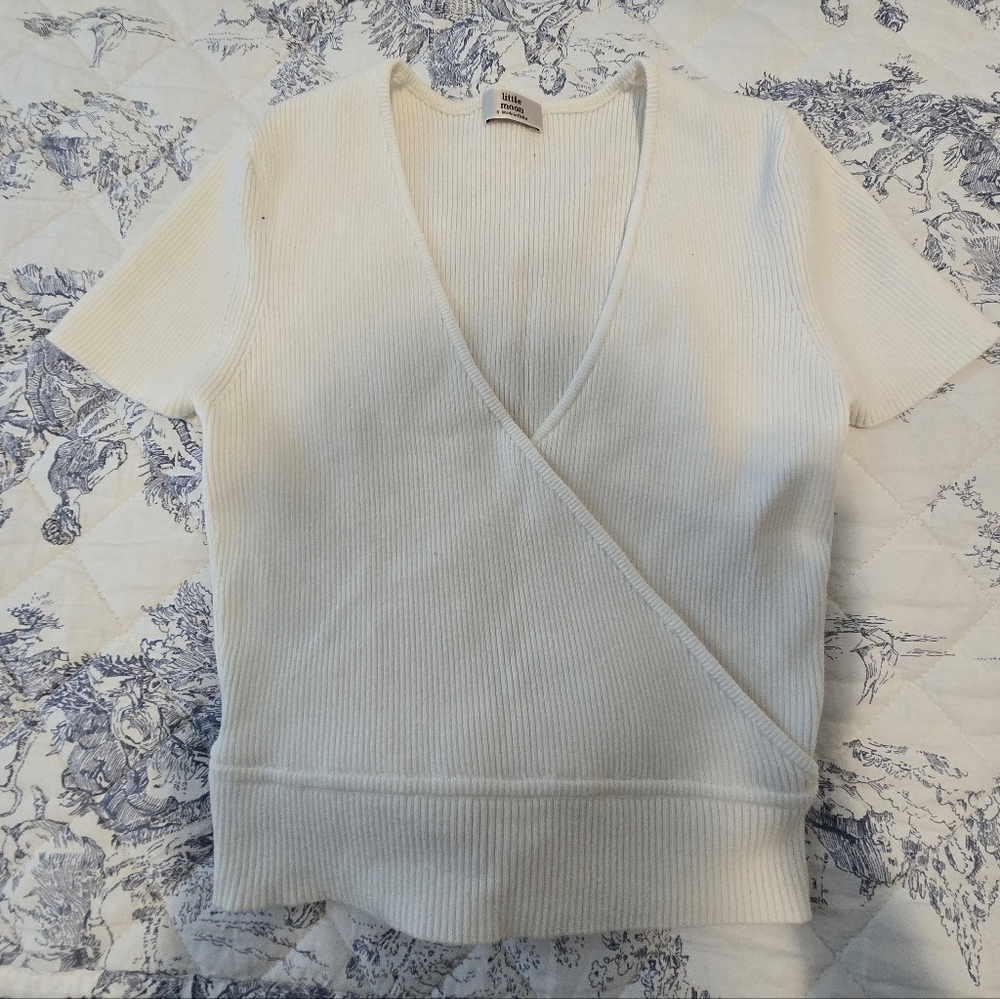 Aritzia Cream Ribbed Short Sleeve Wrap Top